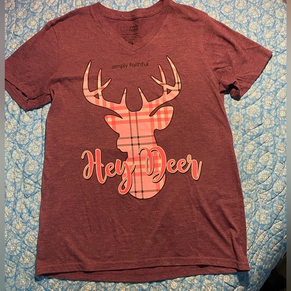SALE 3/$20 EUC Simply Southern/Simply Faithful T shirt,Purple /pink plaid Deer - Picture 3 of 6